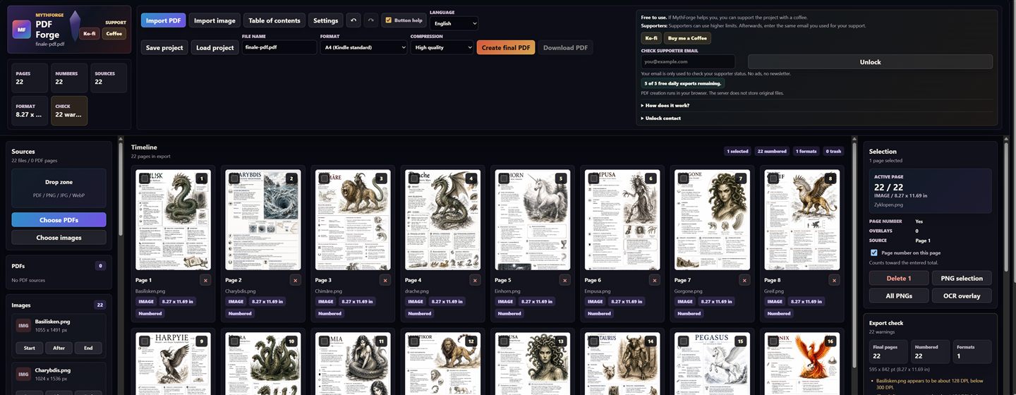 Screenshot of the Mythforge PDF Forge interface with timeline, page preview, and export check