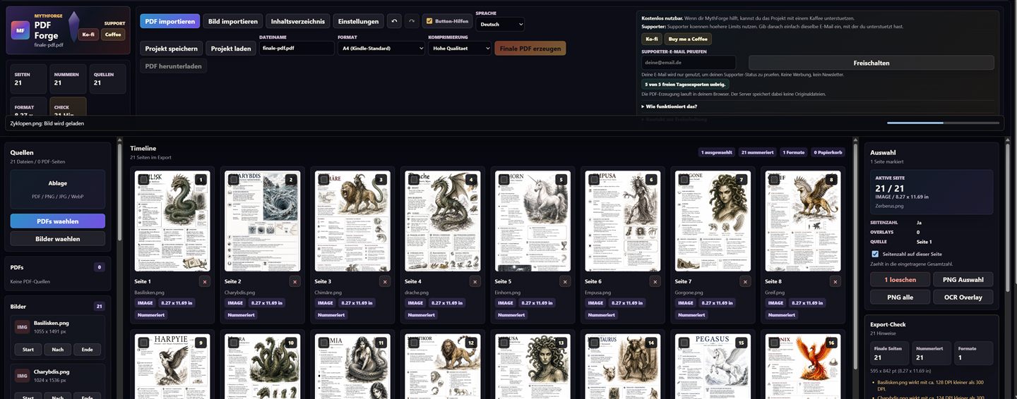 Screenshot der Mythforge PDF Forge Oberfläche mit Timeline, Seitenvorschau und Exportkontrolle